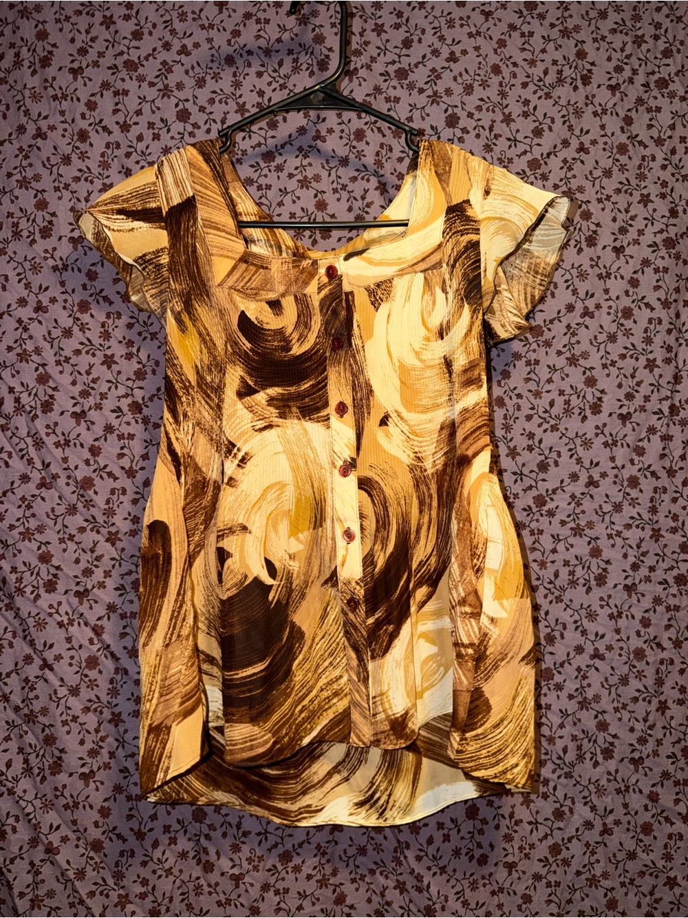 Women’s Brown & Cream Button-Front Short Sleeve Top